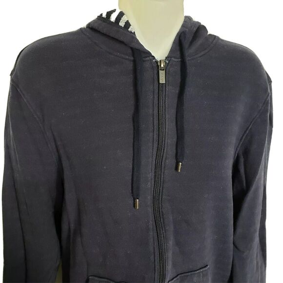 Michael Kors Womens Hoodie Size Medium Full Zip Navy Blue Cotton Pockets Ribbed - Picture 6 of 12